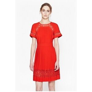French Connection Red ‘Arrow’ Lace Pleated Dress size 4
